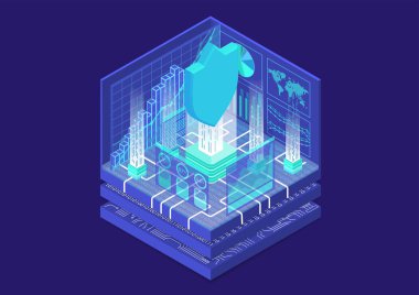 Bu sembol izometrik vektör çizim olarak kalkan ve analytics tablosu konseptiyle güvenlik