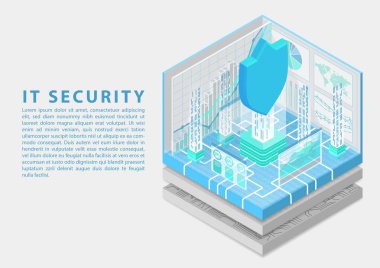 Bu sembol izometrik vektör çizim olarak kalkan ve analytics tablosu konseptiyle güvenlik