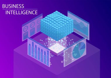 İş karar destek sistemi / veri küp ve analytics tablosu konseptiyle BI. 3D izometrik vektör çizim