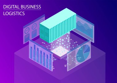 Dijital iş lojistik kavramı. 3D izometrik çizimde küresel ticaret ve analytics panolar için kayan nakliye konteyner ile vektör