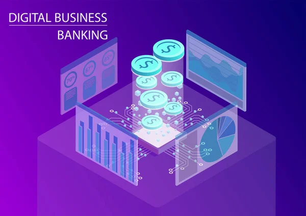 Business Banking Digitale Concetto Servizi Finanziari Illustrazione Isometrica Vettoriale Con — Vettoriale Stock