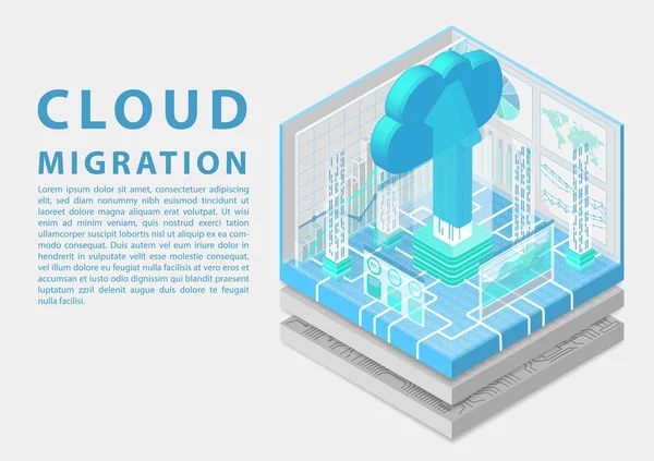 Concetto Migrazione Del Cloud Con Simbolo Nuvola Fluttuante Freccia Caricamento — Vettoriale Stock