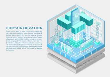 Smartphone ve kapsayıcılar sembolü olarak izometrik vektör çizim ile uygulama containerization ve modüler yazılım geliştirme kavramı. 