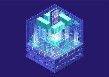 Smartphone ve kapsayıcılar sembolü olarak izometrik vektör çizim ile uygulama containerization ve modüler yazılım geliştirme kavramı. 