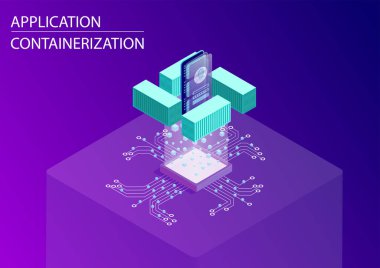 Yazılım ve uygulama containerization kavramı. Modüler web ve mobil geliştirme için sembolü olarak kayan akıllı telefon ve konteyner ile 3D izometrik vektör çizim