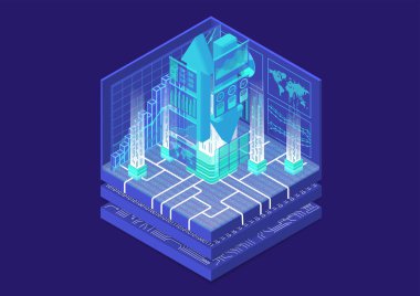 Web Trafik kavramı sembol kayan upload ile izleme ve download oklar ve izometrik 3d olarak çeşitli izleme panoları vektör çizim. 