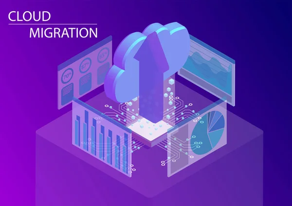 Cloud migration concept. 3d isometric vector illustration with floating cloud and upload arrow as symbol for migrating applications and files into the cloud