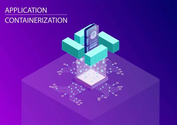 Koncepcja Kontenerów Oprogramowania Aplikacji Izometryczny Wektor Ilustracja Pływającą Inteligentny Telefon — Wektor stockowy