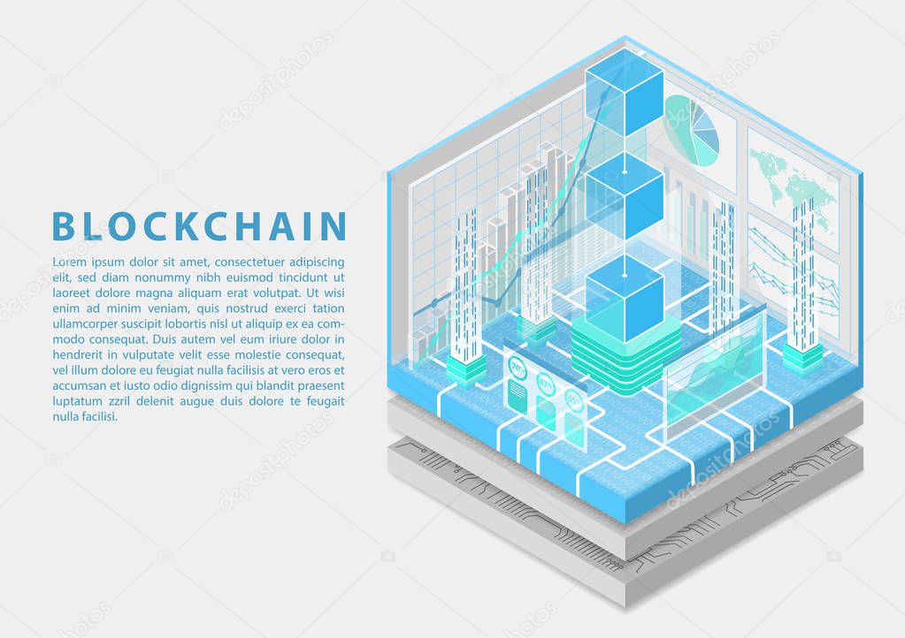 Blockchain concept with symbol of floating blocks as isometric 3d vector illustration