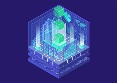 Blockchain kavramı kayan simgesiyle engeller olarak izometrik 3d vektör çizim