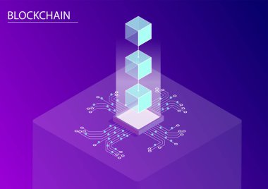 Blockchain kavramı. 3D izometrik çizimde kayan bağlı blokları ve veri akışı ile vektör