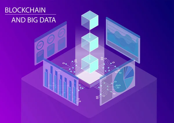 Blockchain 그리고 데이터 개념입니다 Isometric 대시보드를 모니터링을 블록을 — 스톡 벡터