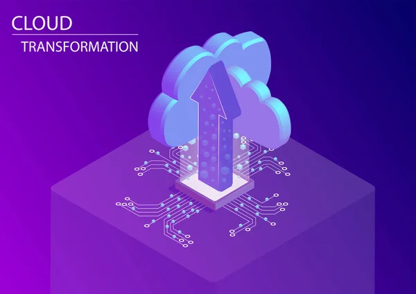 Cloud Transformations Und Digitalisierungskonzept Isometrische Vektorabbildung Mit Fließenden Pfeilen Und — Stockvektor