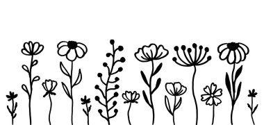 El, Beyaz Arkaplanda Siyah ve Beyaz Bahar Çiçekleri Çekiyor. Robot resim. Doodle tarzı