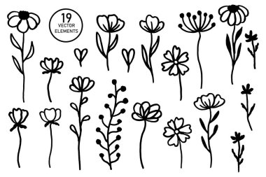 El, Beyaz Arkaplanda Siyah ve Beyaz Bahar Çiçekleri Çekiyor. Robot resim. Doodle tarzı