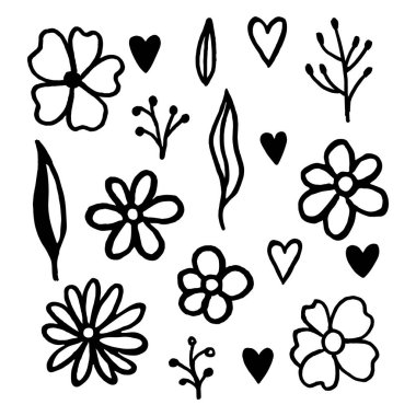 El, Beyaz Arkaplanda Siyah ve Beyaz Bahar Çiçekleri Çekiyor. Robot resim. Doodle tarzı