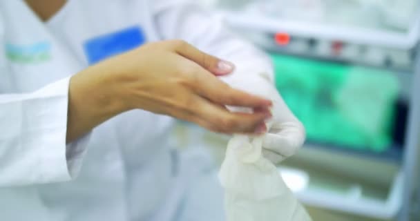 Doctor put on white latex gloves — Stock Video