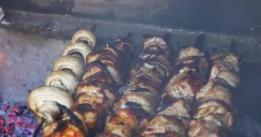 Açık havada öğle yemeğinde mangalda domuz eti pişirme parçaları. Açık yangın üzerinde hazırlanan shashlik