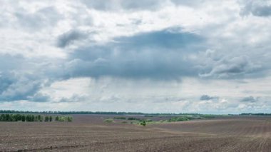 İlkbaharda vahşi tarlada yağmur bulutları. Zaman atlamalı