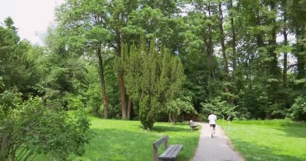Молодой человек бежит по тропинке в зеленом парке — стоковое видео