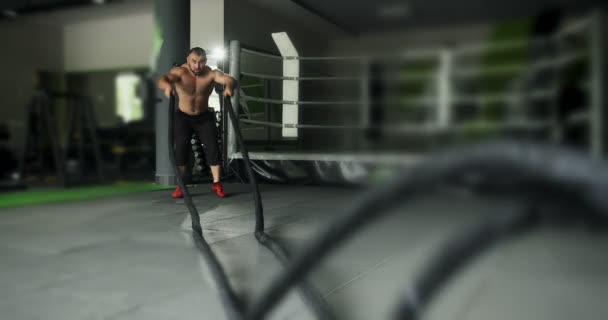 O atleta de fitness usa cordas de batalha no treinamento. Exercício de treino intenso. Movimento lento — Vídeo de Stock