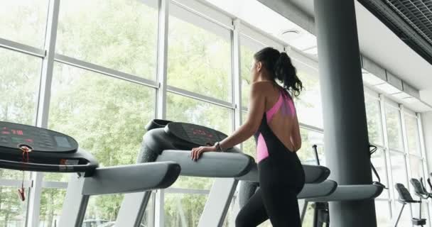 Forte mulher bonita treinando em simulador de corrida no clube desportivo. Atleta do sexo feminino fazendo esporte-caminhada na máquina de fitness no ginásio moderno. Menina bonita fazendo exercícios para as pernas no clube de fitness — Vídeo de Stock