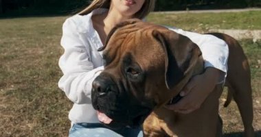 Mutlu genç bayan çimenlerde köpekle oynayarak neşeyle oynuyor. Evcil hayvanla aşk ve arkadaşlık