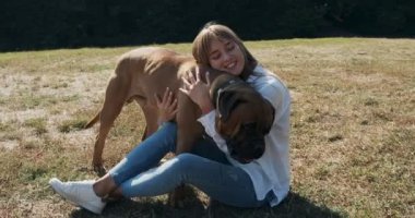 Mutlu genç bayan çimenlerde köpekle oynayarak neşeyle oynuyor. Evcil hayvanla aşk ve arkadaşlık
