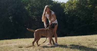 Mutlu genç bayan çimenlikte köpekle oynaşıyor. Evcil hayvanla aşk ve arkadaşlık