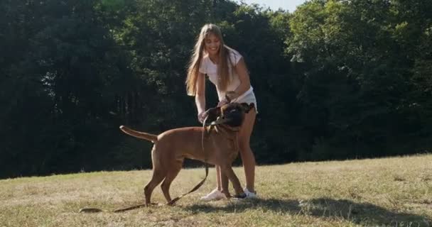 Boldog fiatal nő vidáman pórázt játszik kutyával a gyepen. Szerelem és barátság háziállatokkal — Stock videók