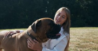 Mutlu genç bayan çimenlerde köpekle oynayarak neşeyle oynuyor. Evcil hayvanla aşk ve arkadaşlık