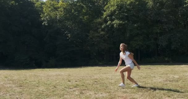 Gelukkig aantrekkelijke vrouw springen op weide in de zomer. Langzame beweging — Stockvideo