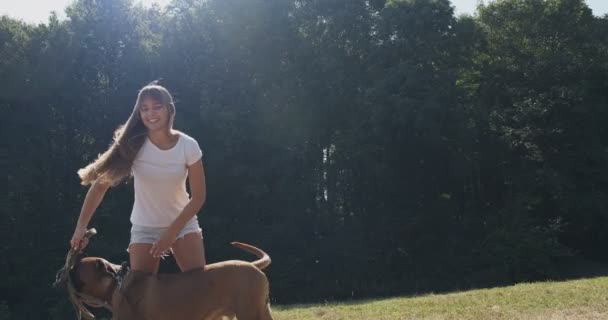 Gelukkig jong vrouwtje vrolijk leiband spelen met hond in het gazon. Liefde en vriendschap met huisdieren — Stockvideo