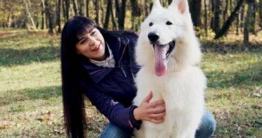 Mutlu bayan güler yüzlü bir şekilde sonbahar parkında köpekle oynuyor ve onunla oturuyor. Evcil hayvanlarla sevgi ve arkadaşlık. Beyaz Çoban