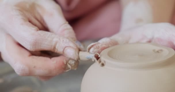 Alfarero hembra sentado y hace una taza en la rueda de cerámica. Mujer haciendo artículo de cerámica. Trabajo de cerámica, habilidades hechas a mano y creativas — Vídeo de stock