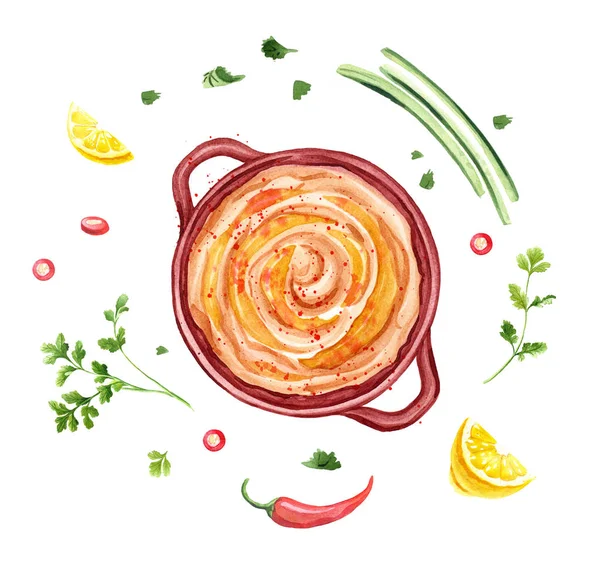 Hummus Danie Kuchni Arabskiej Puree Ciecierzycy Ilustracja Akwarela Menu Przepis — Zdjęcie stockowe