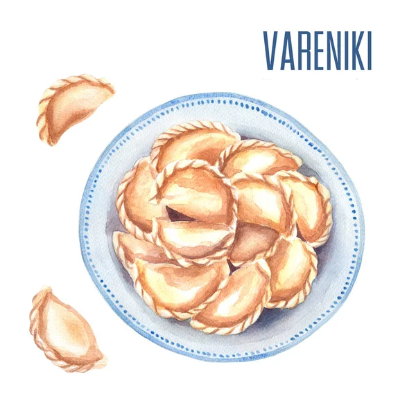 Vareniki Είναι Παραδοσιακή Ρωσική Ουκρανική Πιάτο Ακουαρέλα Εικονογράφηση — Φωτογραφία Αρχείου