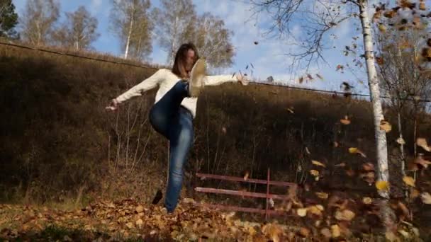 Chica feliz con hojas en el parque. Follaje amarillo — Vídeos de Stock