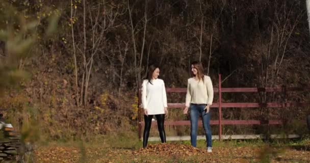 Δύο κορίτσια ευτυχισμένη με φύλλα στο πάρκο. Κίτρινο φύλλωμα — Αρχείο Βίντεο