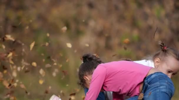 Due bambine felici con le foglie nel parco. Fogliame giallo — Video Stock