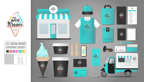 정체성 템플릿 아이스크림가게 레스토랑의 컨셉입니다 실제적 모조품 자동차 티셔츠 패키지 — 스톡 벡터