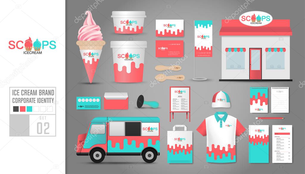 Corporate identity template Set 2. Logo concept for ice cream shop, cafe, restaurant. Realistic mock up template set of shop, car, polo shirt, cap, cup, menu, rubber stamp, coupon, package, cardboard, name card, bunting.Vector illustration.