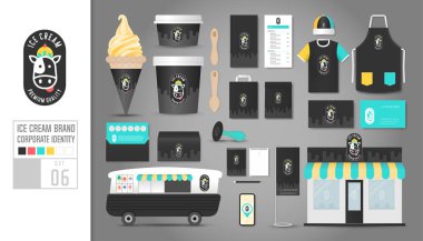 Şirket kimlik şablonu 6. Dondurmacı, kafe, restoran logosu. Gerçekçi şablon, dükkan, araba, t-shirt, şapka, fincan, menü, kauçuk damga, kupon, paket, mobil uygulama, isim kartı, fiş, kiraz kuşu.