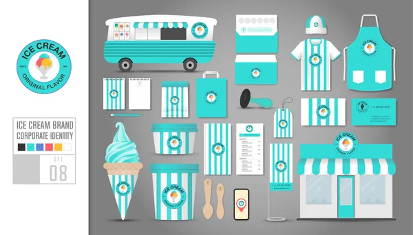 Шаблон Фірмового Стилю Набір Концепція Логотипу Магазину Морозива Кафе Ресторану — стоковий вектор