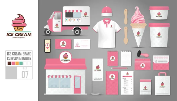 企业身份模板集7 冰淇淋店 咖啡店 餐厅的标志概念 现实的模拟模版集商店 马球衫 橡皮图章 优惠券 移动应用程序 — 图库矢量图片