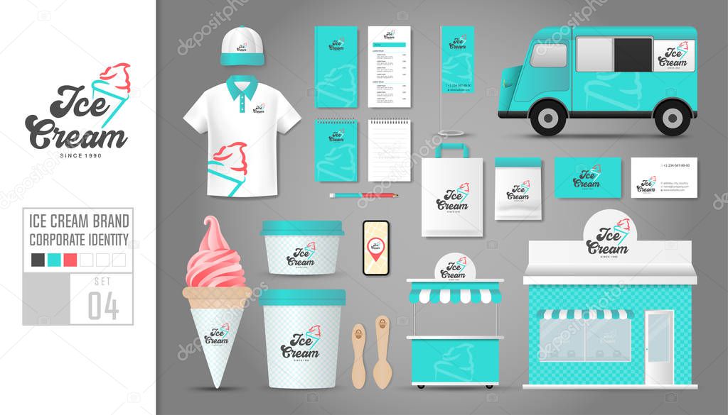 Corporate identity template Set 4. Logo concept for ice cream shop, cafe, restaurant. Realistic mock up template set of shop, car, polo shirt, cap, cup, menu, rubber stamp, coupon, package, mobile application, name card, kiosk, bunting.