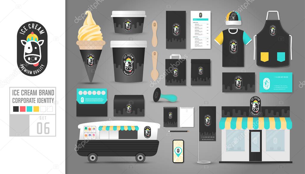 Corporate identity template Set 6. Logo concept for ice cream shop, cafe, restaurant. Realistic mock up template set of shop, car, t-shirt, cap, cup, menu, rubber stamp, coupon, package, mobile application, name card, tag, bunting.