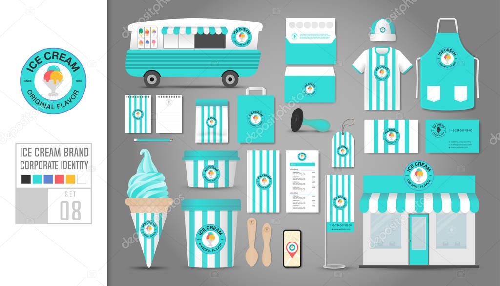 Corporate identity template Set 8. Logo concept for ice cream shop, cafe, restaurant. Realistic mock up template set of shop, car, t-shirt, apron, cap, cup, menu, rubber stamp, coupon, package, mobile application, name card, tag, bunting.