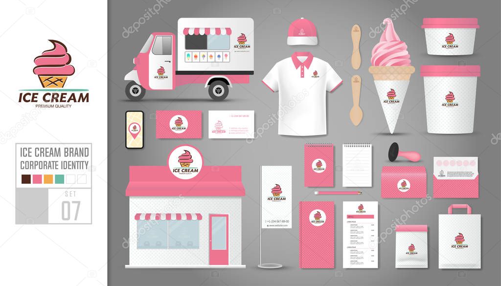 Corporate identity template Set 7. Logo concept for ice cream shop, cafe, restaurant. Realistic mock up template set of shop, car, polo shirt, cap, cup, menu, rubber stamp, coupon, package, mobile application, name card, bunting