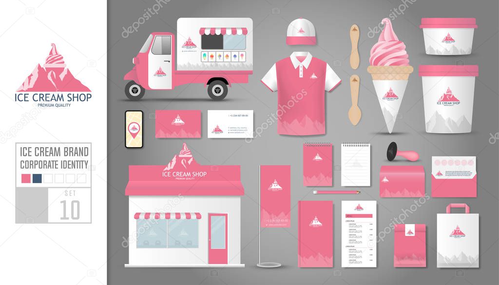 Corporate identity template Set 10. Logo concept for ice cream shop, cafe, restaurant. Realistic mock up template set of shop, car, polo shirt, apron, cap, cup, menu, rubber stamp, coupon, package, bunting.
